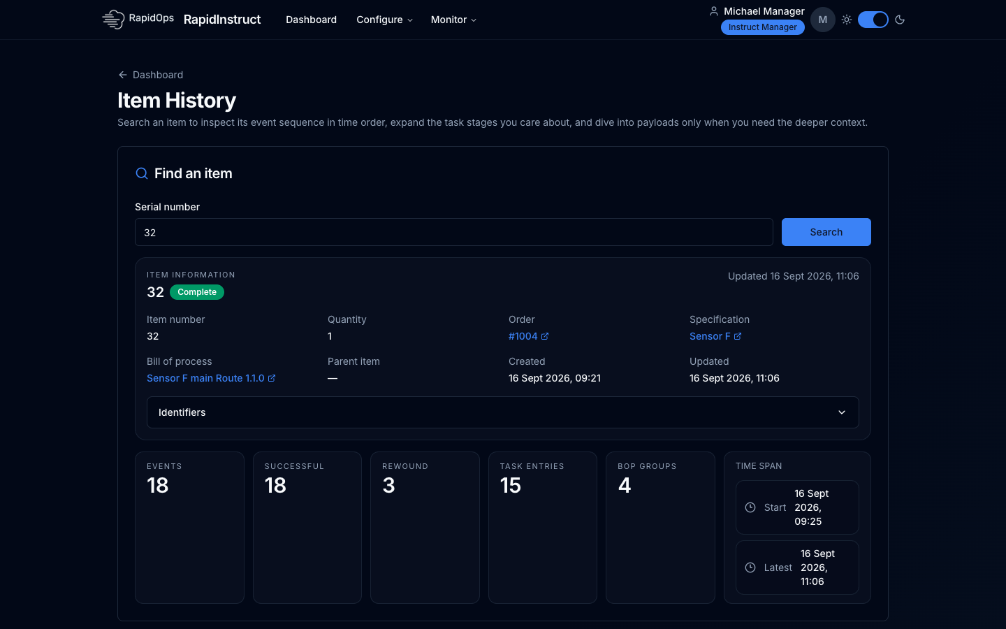 RapidInstruct item history screen showing an item's details and task event totals