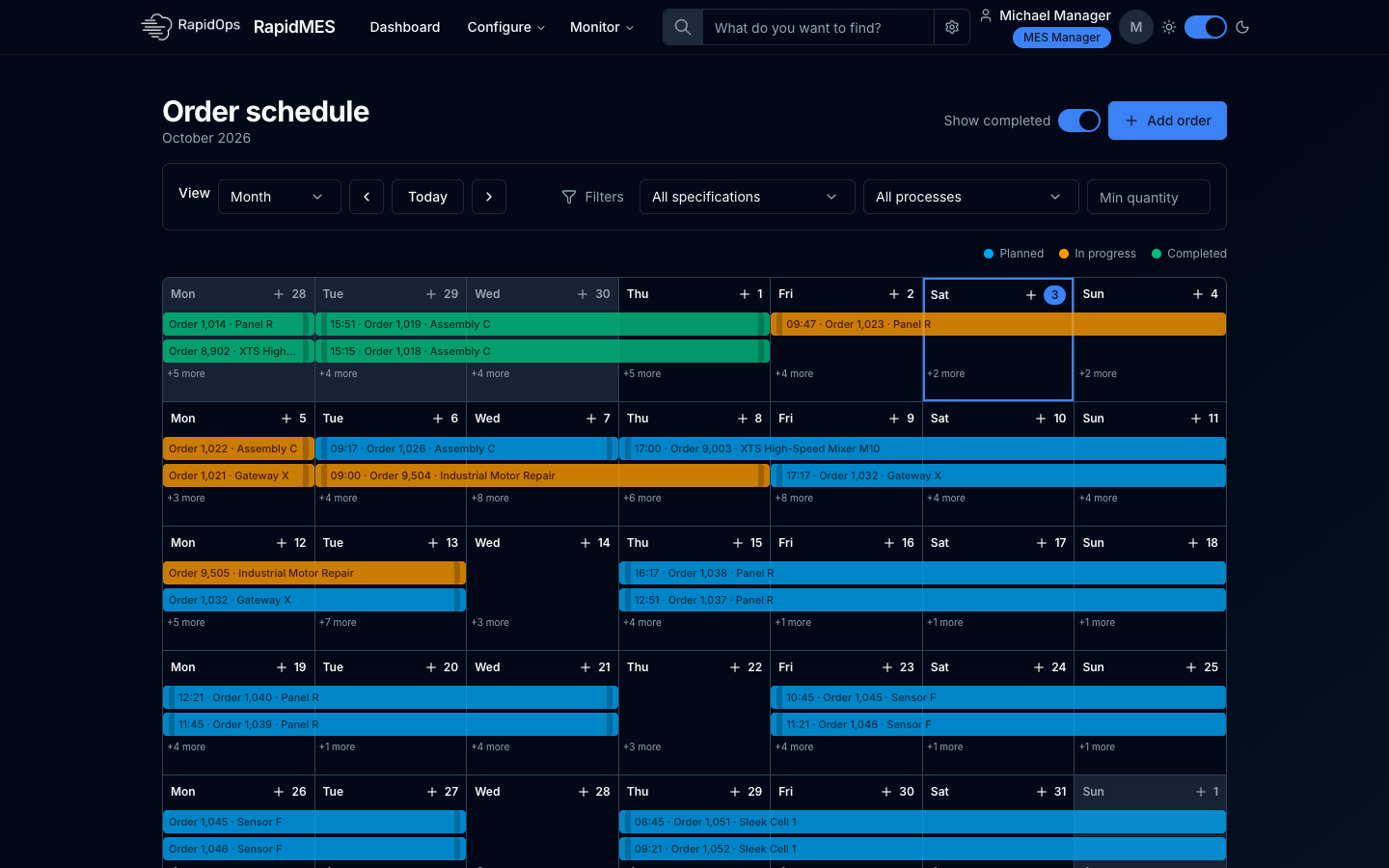RapidMES order schedule in month view showing planned, in-progress, and completed orders on a calendar