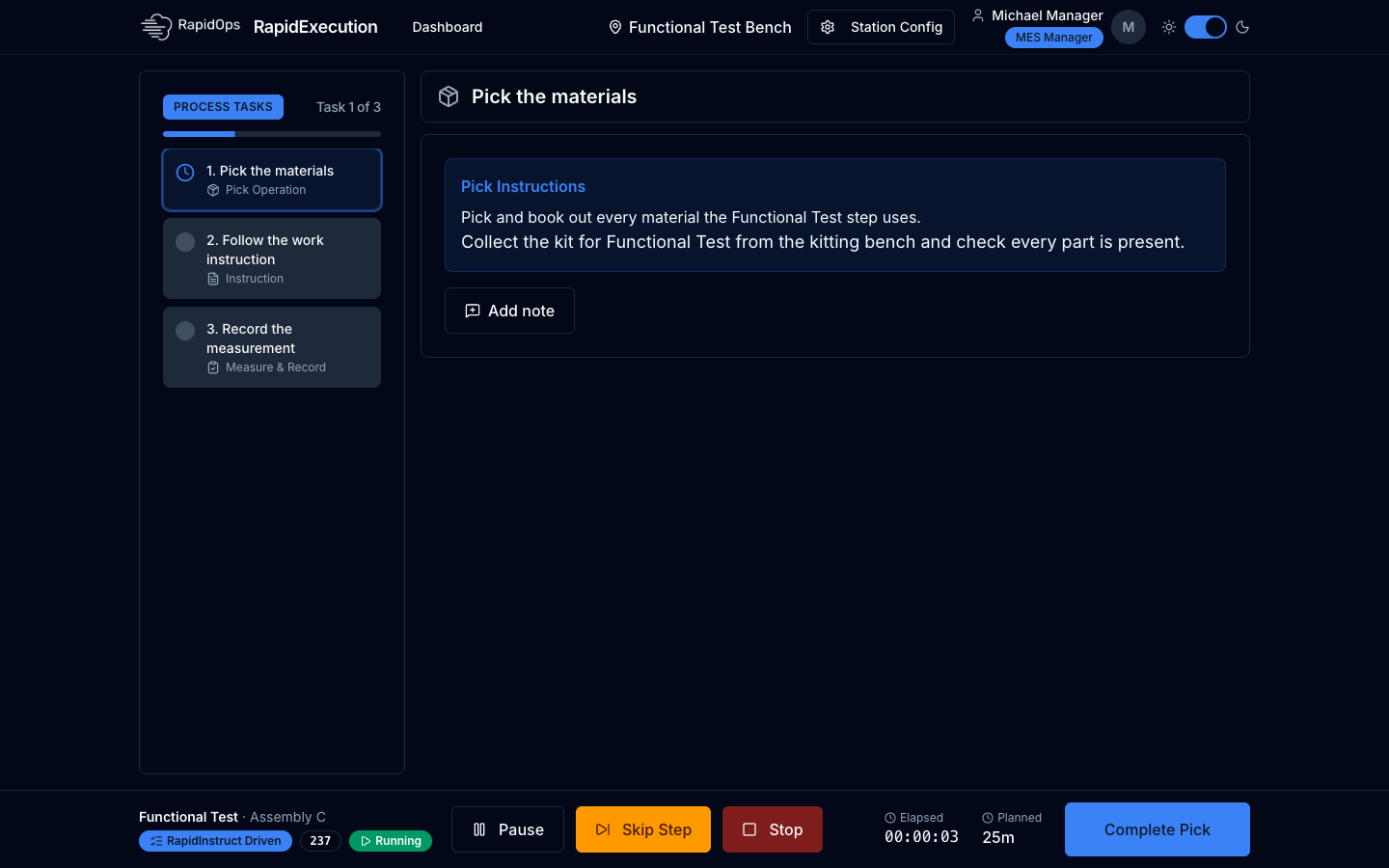 Execution UI operator screen showing the current process step, task list, and step controls