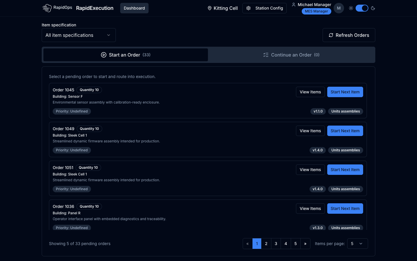 Execution UI station dashboard listing the orders ready to start at a workstation
